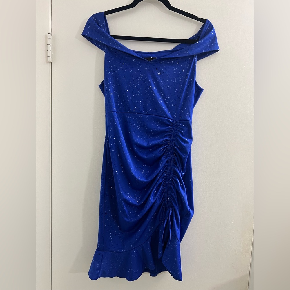 CBR One off Shoulder Blue Dress with Ruched Detail